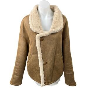 Lucky Brand Brown Suede Faux Shearling Asymmetric Button Moto Jacket Coat Sz XL